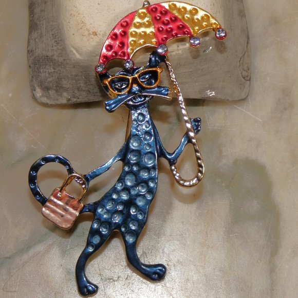Sparkling Rhinestone Cool Cat, Kewl Kitty with Umbrella - Brooch Pin w/Gift Box - Picture 2 of 10